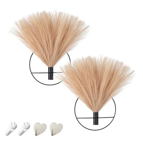 Pretty Jolly Boho Pampas Wall Decor Black Metal Wall-Mounted Art | Morden Artificial Greenery Display，2 Pack Hanging Planter For Living Room, Bedroom, Bathroom, Dining room - color: 15-pampas-orange - Black Ring, size: S 7.8inch (Black Ring)