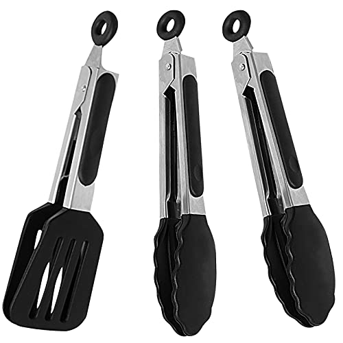 7 inch Mini Silicone Serving Tongs with Silicone Tips Set of 3 | Stainless Steel Handle, Non-Scratch, Heat Resistant, for Salads, Pasta, Steaks, Vegetables - color: Black, size: 7inch