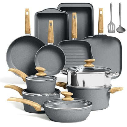 Kitchen Academy Granite Pots and Pans Set Non Stick, Induction Cookware | 17-Piece Gray Cooking Pans and Pots Set, PFOA & PFOS Free. - color: Gray, size: 17 PCS Cookware Set