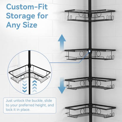 4-Tier Corner Shower Caddy Tension Pole Organizer, Black | Rustproof, Adjustable No-Drill Shelf, 22.24-119.69 in, Bathroom Storage with Soap and Toothbrush Holders, Towel Bar and Hooks