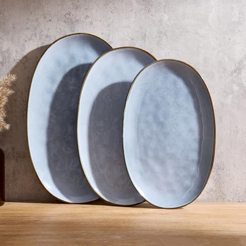 famiware Serving Platters Set of 3 Sizes - Oval, Blue | 15.59"/14.3"/12.9" Fine Stoneware Serving Trays for Party, Entertaining for Food, Turkey, Cheese, Microwave Dishwasher Safe - color: Blue