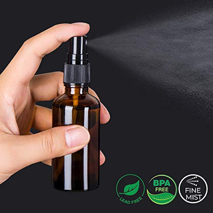 2oz Amber Glass Spray Bottles for Essential Oils, Set of 18 | Mini, Small, Empty, Bulk, Fine Mist, for Facial, Perfume, Room, Cosmetic, Travel, Refillable, Leakproof, UV protection