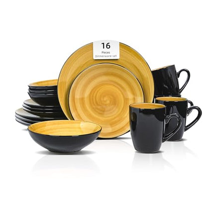 HomeVss Sonoma 16 Piece Stoneware Dinner Set, Outside Black + Inside Handpainted Color Yellow with speckle - color: Yellow