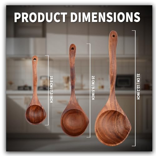 3 PCS Wooden Spoon Set, Natural Teak Large Soup Ladel for Cooking | Mixing Spoon,Durable, Nonstick Safe & Heat Resistant with Ergonomic Handles, Wooden Cooking Spoon,for Kitchen Tasks - size: 3 pieces (Teak)