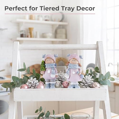 Christmas Home Decor Set of 2 Resin Mini Sculptures with Reindeer Hats, Cute Female Themed Winter Ornaments for Mantel, Tiered Tray & Indoor Tabletop Christmas Decor