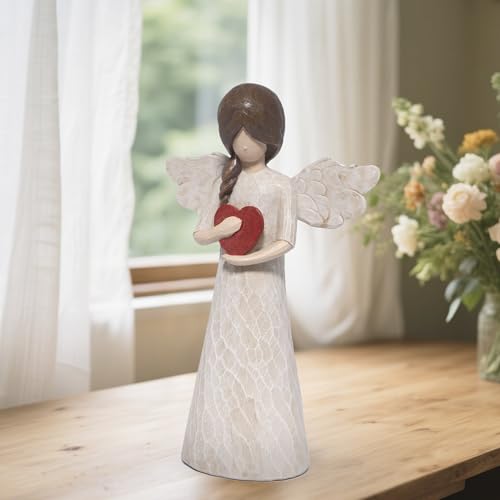 Hodao Angel Figurine with Heart — Wood-Carved Look Resin Christmas Decorations, Indoor Home Decor Ornaments, 8.5" Tall Guardian with Red Heart, Hand-Painted Figurines for Shelf, Mantel & Gift-Giving - style: Z-holding heart-big