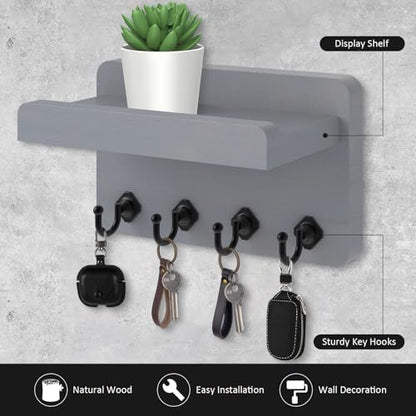 Nekon Key Holder Wall Mount, 8.5 Inch Small Wooden Wall Organizer, Gray | Rustic Wall Shelf, Farmhouse Key and Mail Holder for Living Room Entryway Kitchen - color: Gray