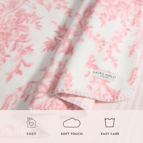 Laura Ashley - Plush Throw Blanket, 50x70, Soft and Warm with a Lightweight Feel, Reversible Floral Design with Stripe Reverse, Bedford Pink Pink - color: Bedford Stripe Pink