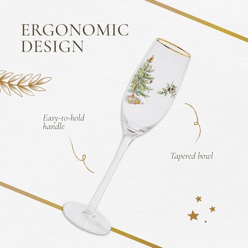 Spode Christmas Tree Gold 8.5oz Champagne Flutes (Set of 4) - Gold Rimmed Glasses, Festive Holiday Drinkware for Christmas Dinner, Wedding Gifts - Classic Holiday Glassware for Wine & Minosas - style: Champagne Flutes