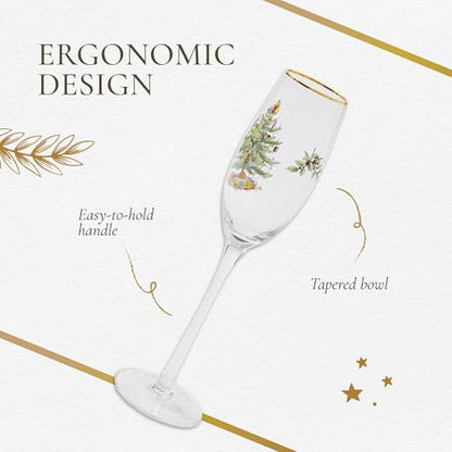 Spode Christmas Tree Gold 8.5oz Champagne Flutes (Set of 4) - Gold Rimmed Glasses, Festive Holiday Drinkware for Christmas Dinner, Wedding Gifts - Classic Holiday Glassware for Wine & Minosas - style: Champagne Flutes