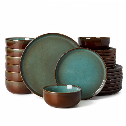 Famiware Milkyway 24-Piece Stoneware Dinnerware Set, Moss Green & Cocoa | Plates and Bowls for 8, Handmade Reactive Glaze Dish Set, Microwave & Dishwasher Safe, Chip & Scratch Resistant - color: Moss Green & Cocoa, size: Service for 8 (Standard Dinner Set