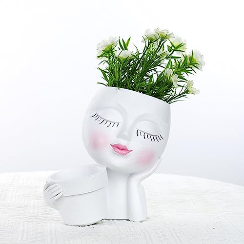 Face Planter Pot, Lady Head Planter with Drainage Holes, White | Dual-compartment lady head planter with drainage holes for succulents, cactus, and air plants - color: White