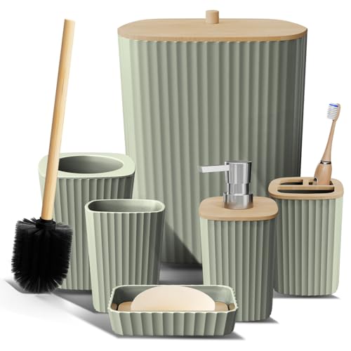 Clara Clark Bathroom Set - Sage Green Bathroom Accessories Set, 6PC Bathroom Accessory Set, Bathroom Sets with Toilet Brush, Trash Can & Soap Dispenser - color: Sage Green, size: Complete Set