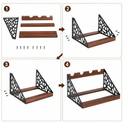 Countertop Wine Rack Display, Wine Bottle Holder, Wood Metal Combination Wine Storage Stand, Hollow Cutout Side Frame Tabletop Wine Organizer Holds 4 Bottles for Kitchen Bar Cabinet