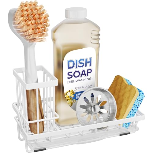 SWTYMIKI Sink Caddy Sponge Holder - Kitchen Sink Organizer with High Brush Holder for Countertop to Hold Dish Soaps and Sponges, Stainless Steel, White - color: White, size: Medium