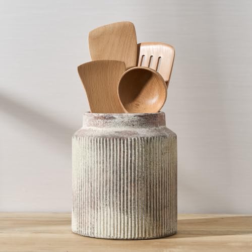 JIEMEI HOME Kitchen Utensil Holder, 7" Ceramic Farmhouse Stable Utensil Crock for Countertop, Vintage Style Cooking Tool Organizer with Cork Mat, Spatula Holder For Kitchen Decor, Terra - color: Terra