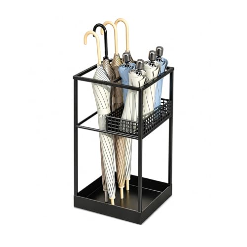 Freestanding Umbrella Stand Rack for Entryway, Metal Umbrella Holder with Removable Drip Tray and Storage Basket, Large Capacity Organizer for Long and Folding Umbrellas Indoor Office Home (Black)