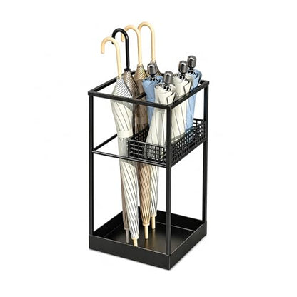 Freestanding Umbrella Stand Rack for Entryway, Metal Umbrella Holder with Removable Drip Tray and Storage Basket, Large Capacity Organizer for Long and Folding Umbrellas Indoor Office Home (Black)