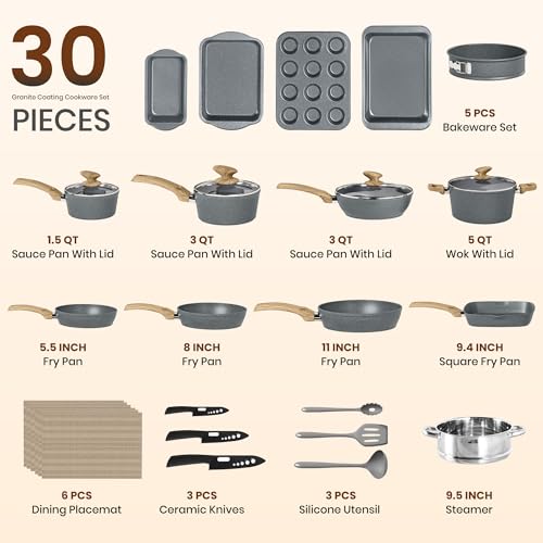 Kitchen Academy 30 Piece Induction Cookware & Bakeware Set | Non Toxic Pots and Pans Set Non Stick, Grey Granite Cooking Pans Set, PFOA & PFAS Free - color: Gray, size: 30 PCS Cookware Set