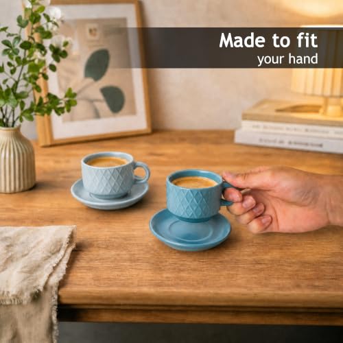 MIAMIO - 6 x 2.5 oz Stoneware Espresso Mug, Cup Set Modern with Stand and Saucers - Palmanova Collection (Ocean Blue) - color: Ocean Blue