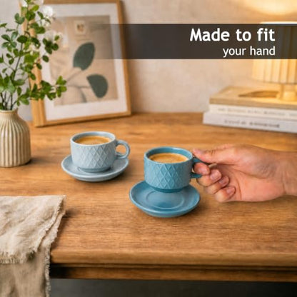 MIAMIO - 6 x 2.5 oz Stoneware Espresso Mug, Cup Set Modern with Stand and Saucers - Palmanova Collection (Ocean Blue) - color: Ocean Blue