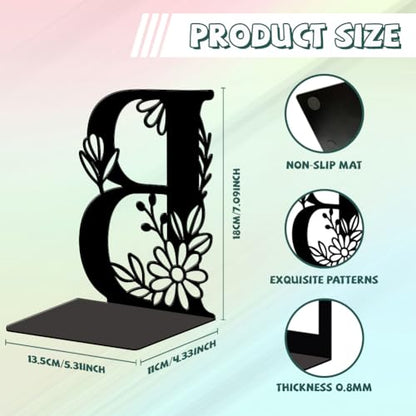 5.3"x4.3"x7.1" Metal Bookends, Heavy Duty Book Ends for Shelves | Letter B with Flower Theme Cast Iron Book Supports, 1 Pair Decor Stoppers for Desk, Library, Office & Home Shelves - style: Letter B with Flower