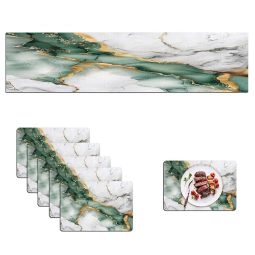 Mcalk Green Marble Table Runner and Placemats Set of 6, Marble Print Placemats, Modern Cloth Place Mats Indoor for Kitchen,Washable Linen Material for Dining Table - color: 02green