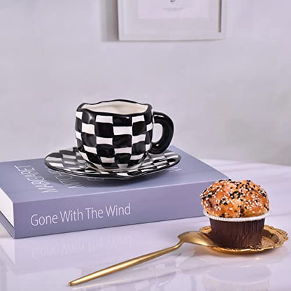 Koythin 10oz Ceramic Coffee Mug With Saucer, Black White Plaid Latte Cup | 300ml Drinkware, Microwave & Dishwasher Safe; Daily Office Cup, Sweet Gift For Women - color: Black and White Plaid