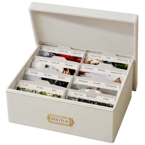Linen Photo Storage Box, Large Organizer Box, Holds 1700 Picture, Beige | with 24 Adjustable Dividers, 144 Labels(72 Blank for DIY) Fabric Picture Box for Photos, Envelopes, Recipes - color: Beige