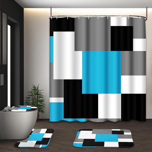 Bathroom Sets with Shower Curtain and Rugs, 4 Pcs, Blue Geometric | Checkered Modern Abstract Bathroom Decor Set with Toilet Lid Cover, Non-Slip Bath Mats and Accessories 12 Hooks - color: Abstract Geometric Blue