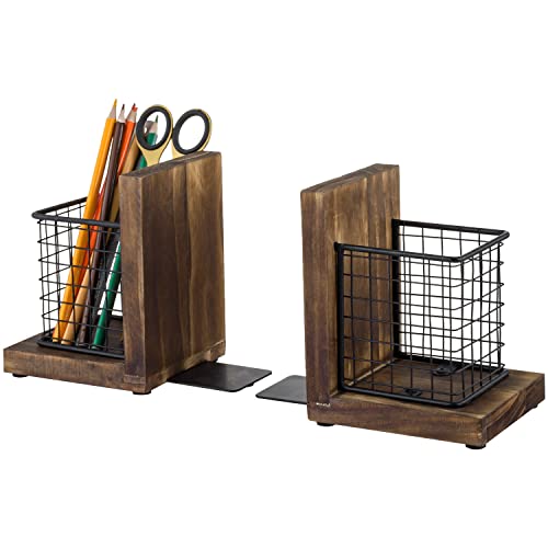 MyGift Book Ends for Desk, Decorative Farmhouse Bookends for Heavy Books with Pen Holders, Office Supplies Storage Baskets, Rustic Burnt Wood and Matte Black Metal Wire Basket, 1-Pair
