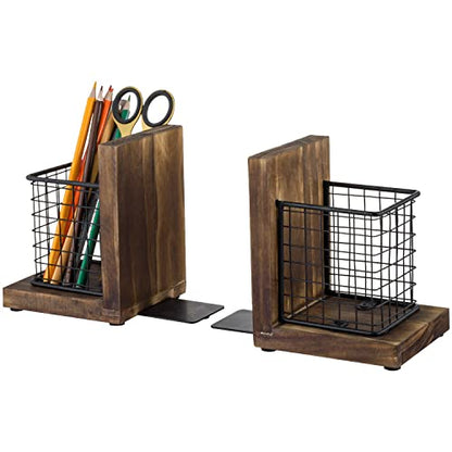 MyGift Book Ends for Desk, Decorative Farmhouse Bookends for Heavy Books with Pen Holders, Office Supplies Storage Baskets, Rustic Burnt Wood and Matte Black Metal Wire Basket, 1-Pair