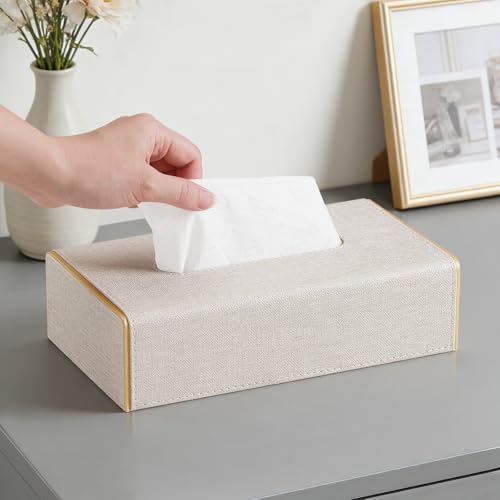 Linen Tissue Box Cover Rectangle with Magnetic Closure, Low Profile | 4 Different Sizes, PU Leather Tissue Box Cover, Decorative Rectangular Tissue Holder for Bathroom Nightstand Car Office - size: Low Profile – Fits Tissue Boxes Up to 2.2" Tall