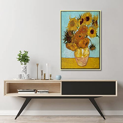 Wieco Art Framed Canvas Wall Art Size L Sunflower by Vincent Van Gogh Oil Paintings Reproduction Abstract Wall Decorations for Living Room Golden Frame Home Decorations - size: 24"L x 16"W