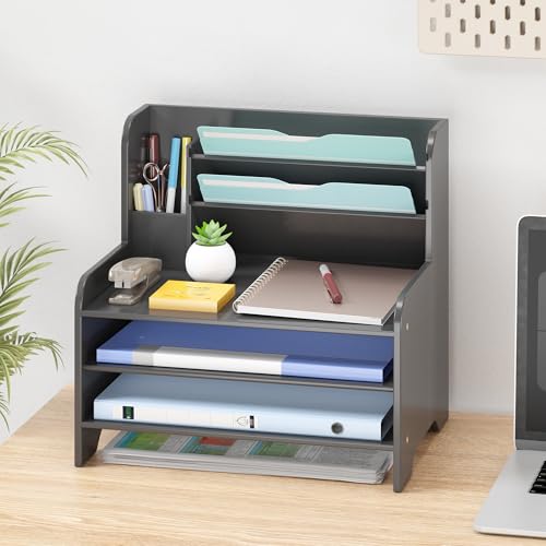 Bamboo File Organizer for Desk, Desktop Paper Tray and Mail Holder | Three open tiers keep A4/letter paper, folders, bills and mail sorted, visible and easy to reach while saving desk space - color: Black, size: Large