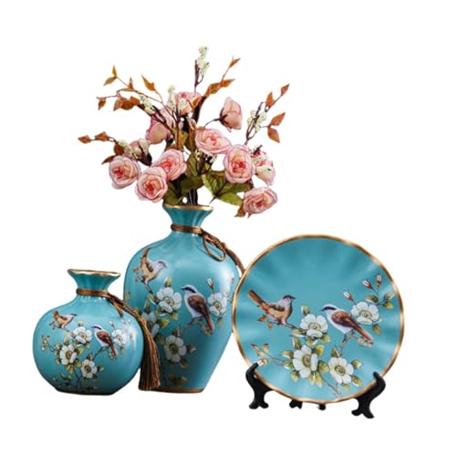 3 Pieces Ceramic Vases, Flower Arrangement Display, Plant Container, Interior Decoration, Blue