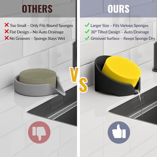 NiHome Silicone Sponge Holder for Kitchen Sink, Fits Scrub Daddy Mommy | Self-Draining Dispenser Organizer Tray, Sink Caddy Countertop Fits Soaps, Scrubber, Dishwasher Safe, Includes Brush - color: Black