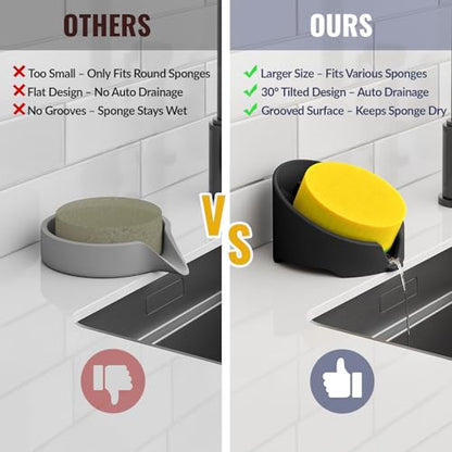 NiHome Silicone Sponge Holder for Kitchen Sink, Fits Scrub Daddy Mommy | Self-Draining Dispenser Organizer Tray, Sink Caddy Countertop Fits Soaps, Scrubber, Dishwasher Safe, Includes Brush - color: Black