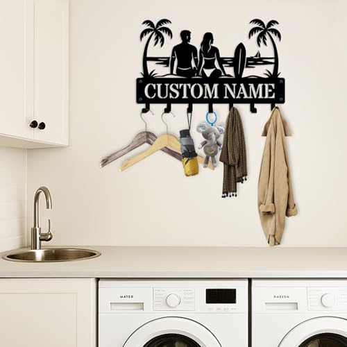 NIWAHO Personalized Key Holder Wall Mount Palm Tree Couple Silhouette Metal Key Hooks – Custom Name Wall Rack for Entryway, Kitchen, Bedroom, Anniversary or Housewarming Gifts - color: Couple Windsurfing
