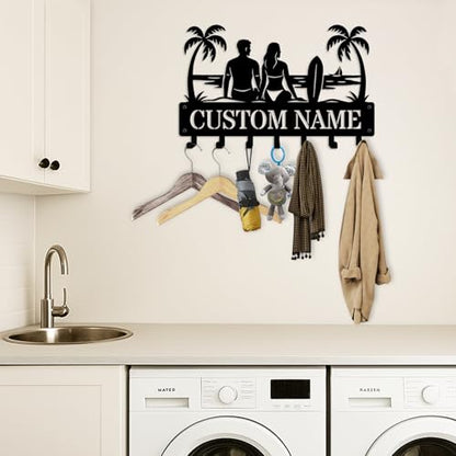 NIWAHO Personalized Key Holder Wall Mount Palm Tree Couple Silhouette Metal Key Hooks – Custom Name Wall Rack for Entryway, Kitchen, Bedroom, Anniversary or Housewarming Gifts - color: Couple Windsurfing