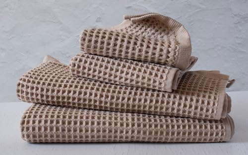 PÜSKÜL - Turkish Waffle Weave Towel Set - 100% Turkish Cotton Long-Staple Cotton, 4-Piece Bathroom Set (2 Bath, 2 Hand Towels) - Made in Turkey (Beige, Towel Set - 2 Hand & 2 Bath Towels) - color: Beige, size: Towel Set - 2 Hand & 2 Bath Towels