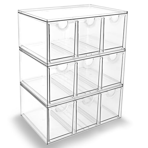 Prsildan Craft Art Supply Organizer Stackable Storage Drawer with 9 Drawers | Clear Acrylic, Tea Bag K Cup Organizer, for Kitchen Office Desk Vanity Makeup Organizer, 3 Pack - size: Stackable-9 Drawers