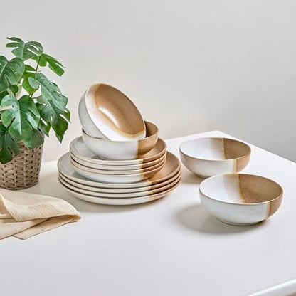 Sango 12 Pieces Stoneware Dinnerware Set, Glossy Caramel & Cream Dishes for 4, Premium Plates and Bowls Sets, Chip & Scratch Resistant, Ceramic Kitchen Dish Set, Microwave & Dishwasher Safe, Phoebe - color: Caramel, size: 12-Piece Set