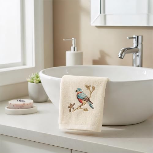 Avanti Linens – Fingertip Towel Set, 100% Cotton Velour Bathroom Towels with Embroidered Songbirds & Absorbent Terry Reverse, Home Decor, Set of 2 (Premier Songbirds Collection)