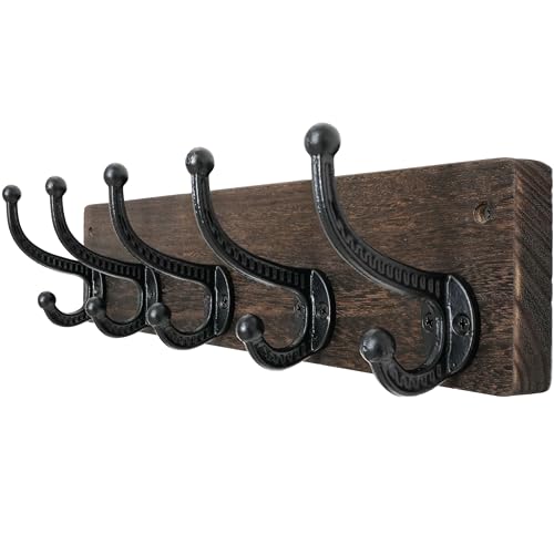 WEBI Rustic Coat Rack Wall Mount,5 Cast Iron Coat Hooks Wall Mounted,Heavy Duty Wood Wall Coat Hanger Hooks for Hanging Coats,Jacket,Clothes,Backpack,Farmhouse,Weathered Brown - color: Weathered Brown, size: 17 Inch