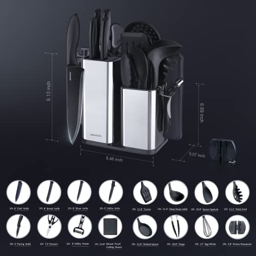 Kitchen Utensils Set,18-Piece Cooking Utensils and Knife Set,Black | Food-grade Silicone Heat-safe to 410°F, Detachable Stainless Steel Holder, 5 Kitchen Knives and Cutting Board All-in-one - color: Black