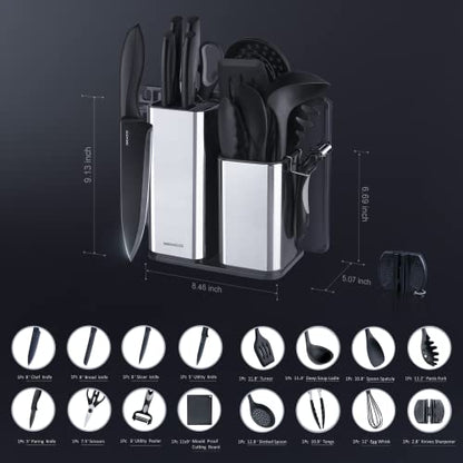 Kitchen Utensils Set,18-Piece Cooking Utensils and Knife Set,Black | Food-grade Silicone Heat-safe to 410°F, Detachable Stainless Steel Holder, 5 Kitchen Knives and Cutting Board All-in-one - color: Black