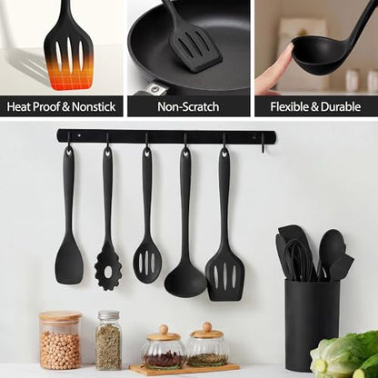LIANYU 14 Pcs Silicone Kitchen Utensils Set with Holder, Black | 446°F Heat Resistant Silicone Cooking Utensils Spatula Set, Non-Stick & Dishwasher Safe Cooking Tools, Comfort Grip Handle - color: Black