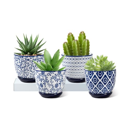 3.5 Inch Ceramic Small Succulent Planter Pots Set of 4 | Flower Pot with Drainage Holes and Saucers for Indoor Plant, Cactus, Herbs, Outdoor Plants, Home Decor, Vintage Blue - size: 3.5 Inch