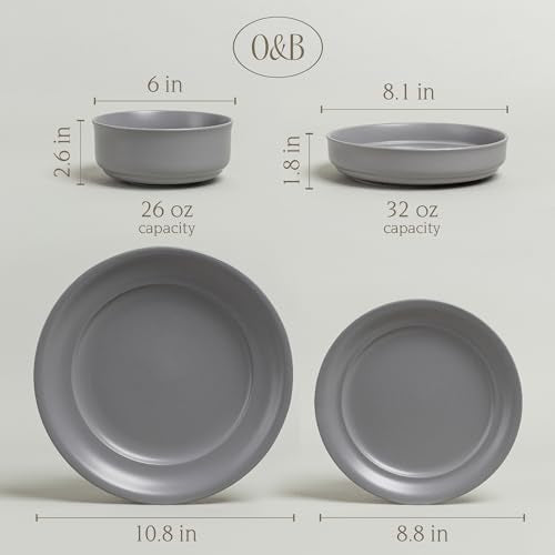 over&back Rim Dinnerware Set - Stoneware Dishes - Comes with 4 Dinner Plates, Salad Plates, Cereal Bowls, and Dinner Bowls - 16-Piece All-Occasion Place Settings - Serves Four - Semi-Matte Charcoal - color: Charcoal, size: Dinner Set | 16 Pieces